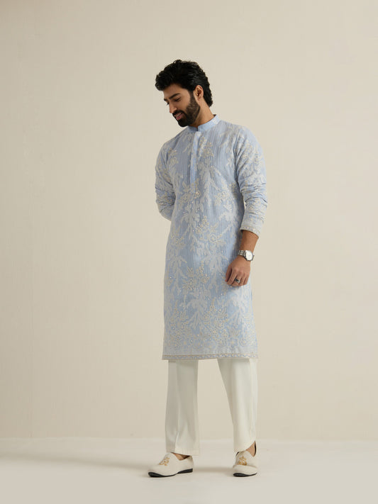 Mens Blue Georgette Embroidery Kurta with Buttoned Placket