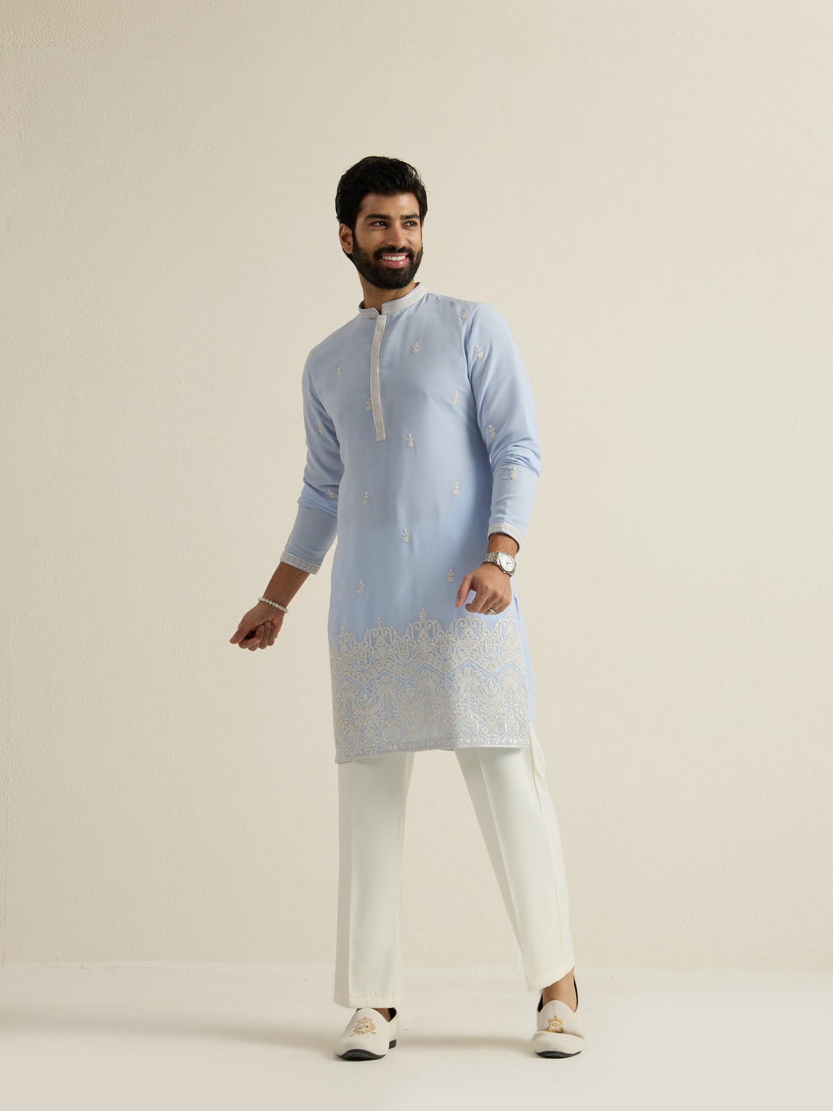 Mens Blue Georgette Embroidery Kurta