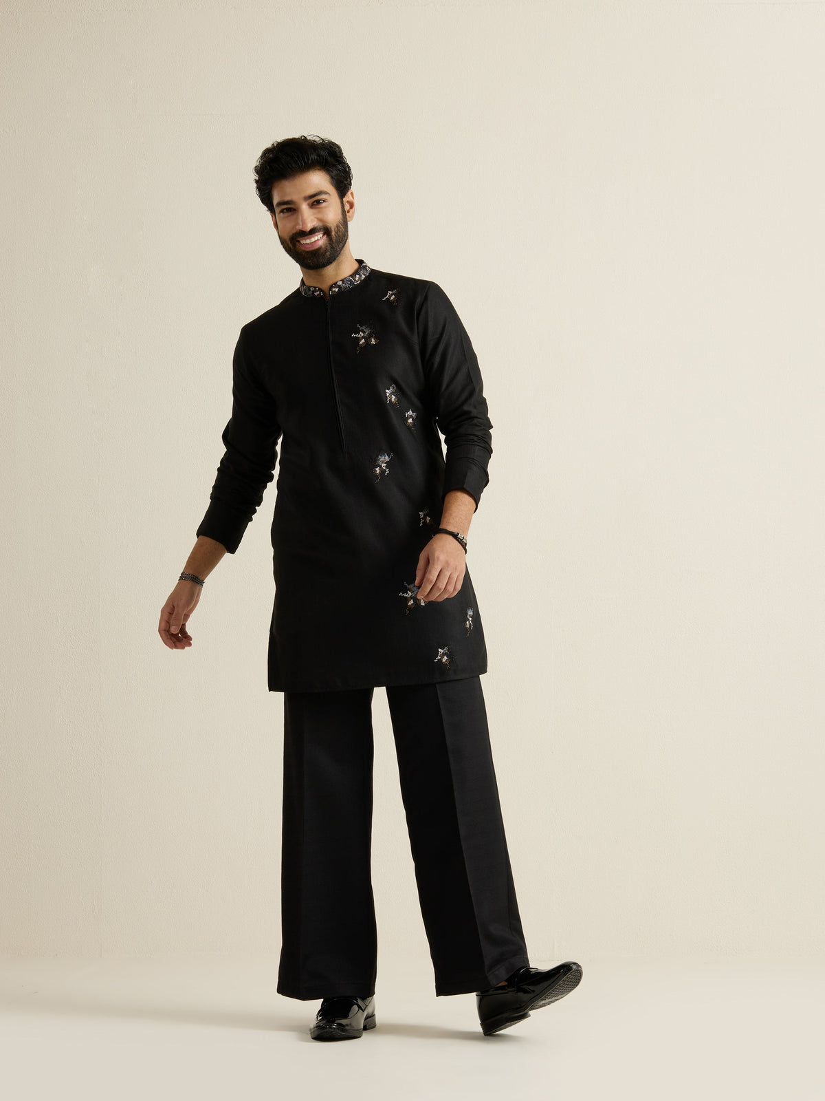 Mens Black Blended Light Embroidery Kurta with Front Zipper