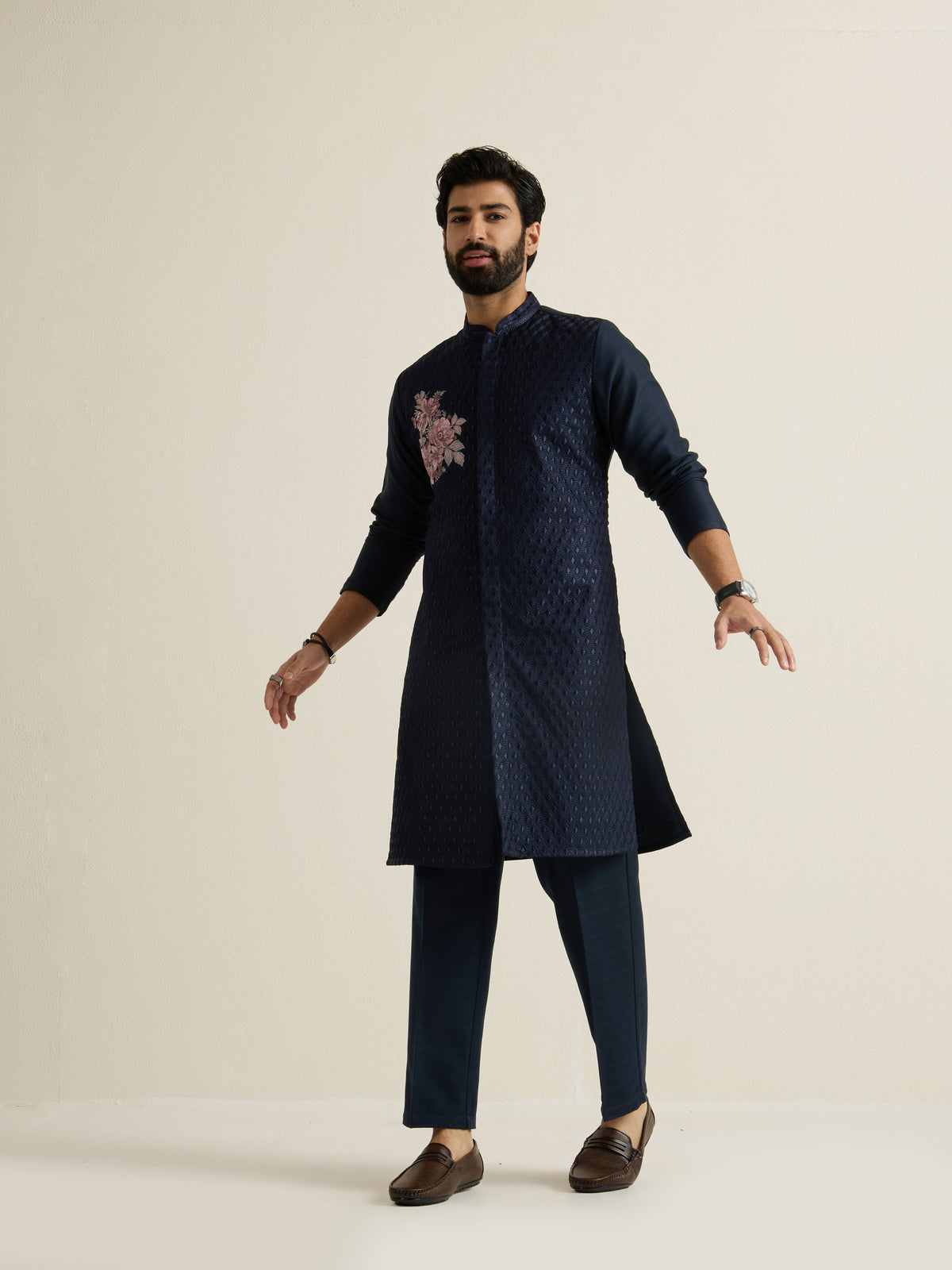 Mens Blue Blended Embroidery Kurta with Buttoned Placket