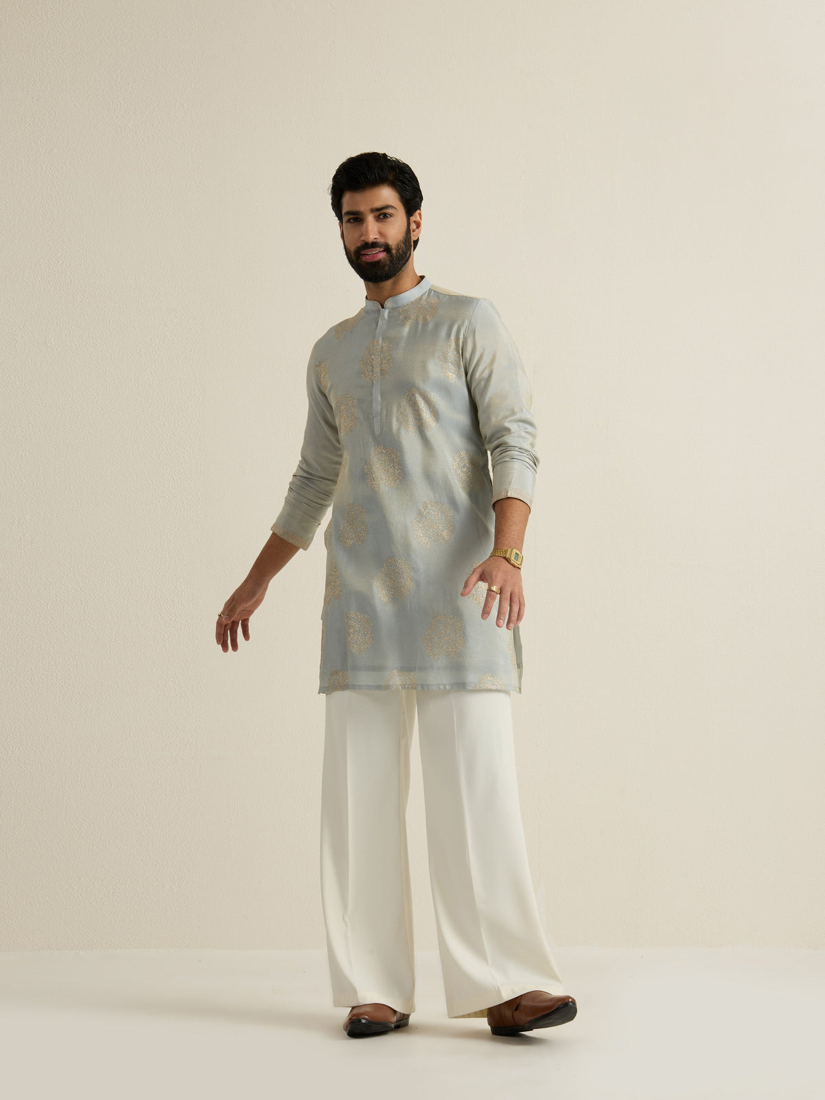 Mens Green Tissue Embroidery Kurta