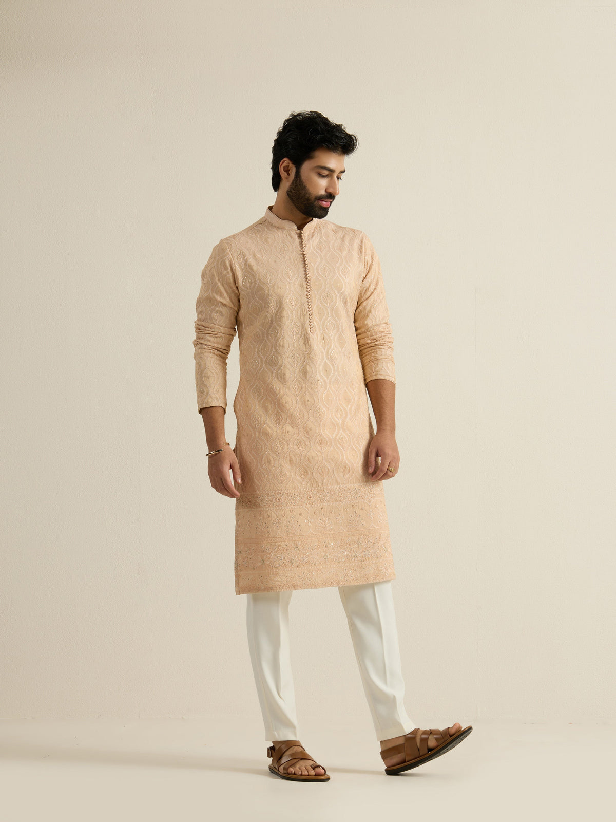 Mens Brown Tissue Embroidery Kurta