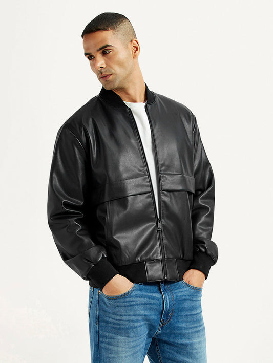 Men's Solid Black Bomber Jacket