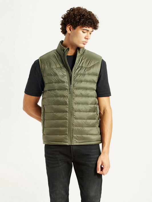 Men's Quilted Olive Slim Fit Puffer Jacket