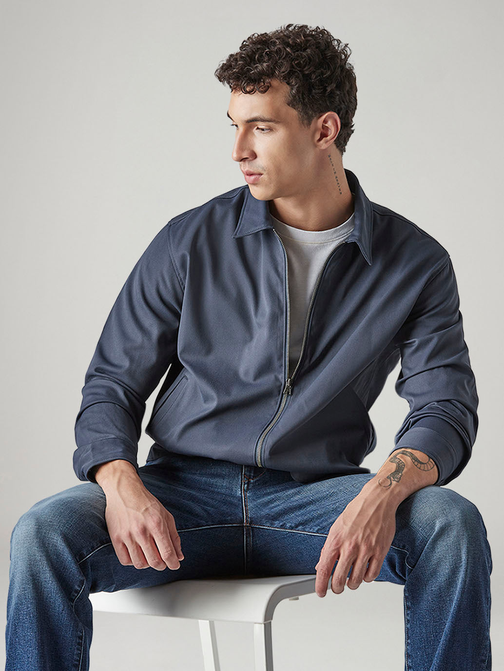 Men's Solid Regular Fit Redloop Denim Tech Jacket