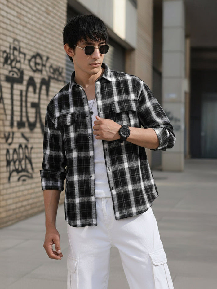 Men's Black Relaxed Fit Checkered Utility Shirt