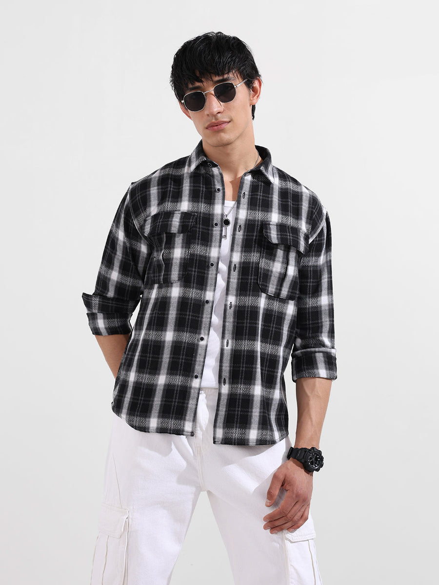 Men's Black Relaxed Fit Checkered Utility Shirt