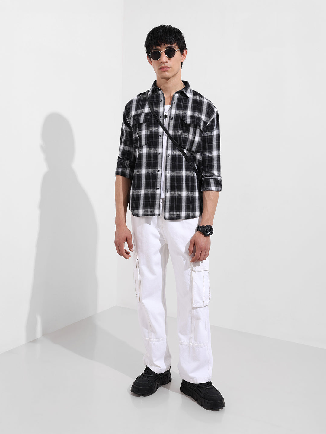 Men's Black Relaxed Fit Checkered Utility Shirt