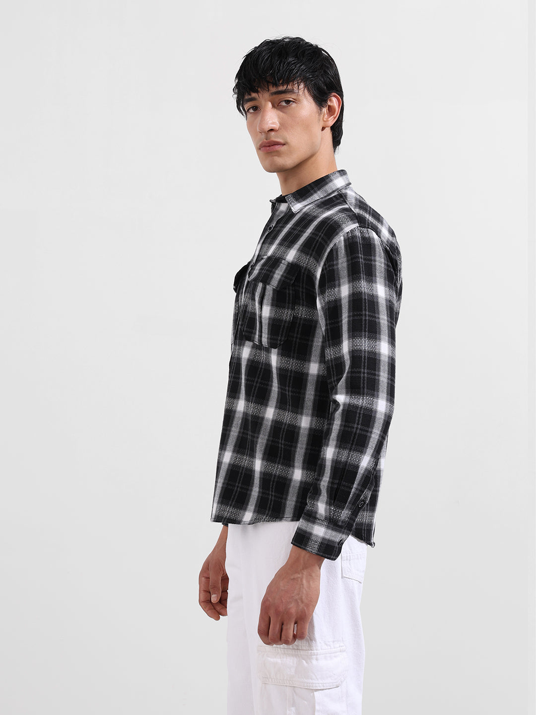 Men's Black Relaxed Fit Checkered Utility Shirt