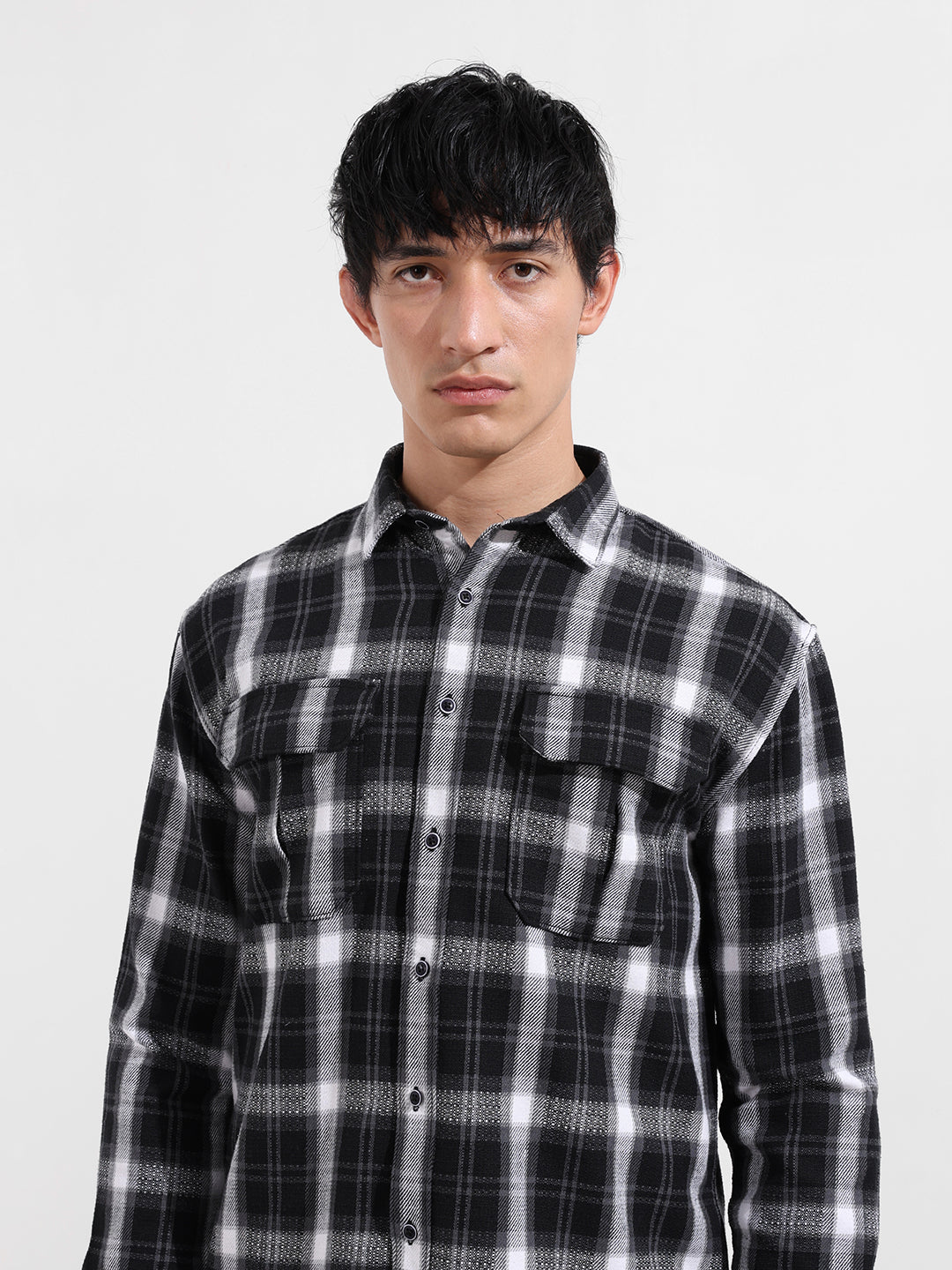 Men's Black Relaxed Fit Checkered Utility Shirt