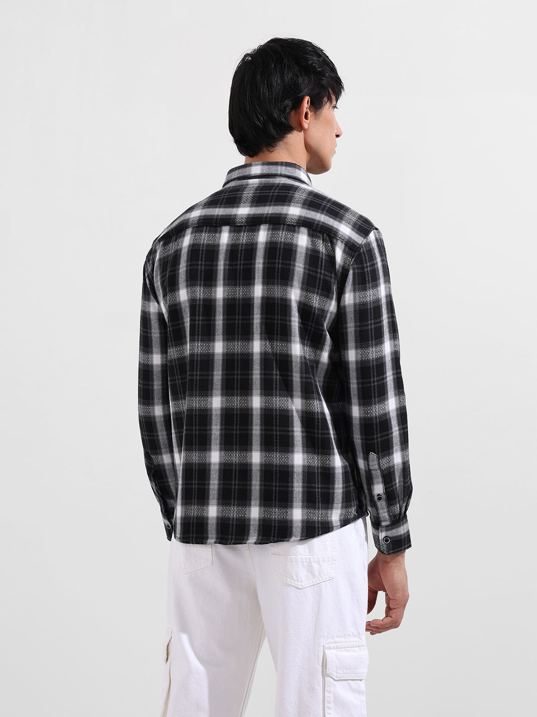 Men's Black Relaxed Fit Checkered Utility Shirt
