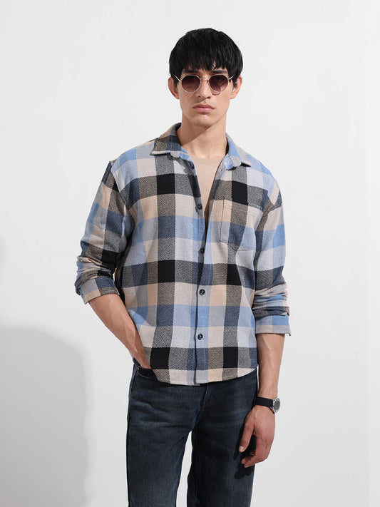 Men's Khaki Relaxed Fit Checkered Casual Shirt