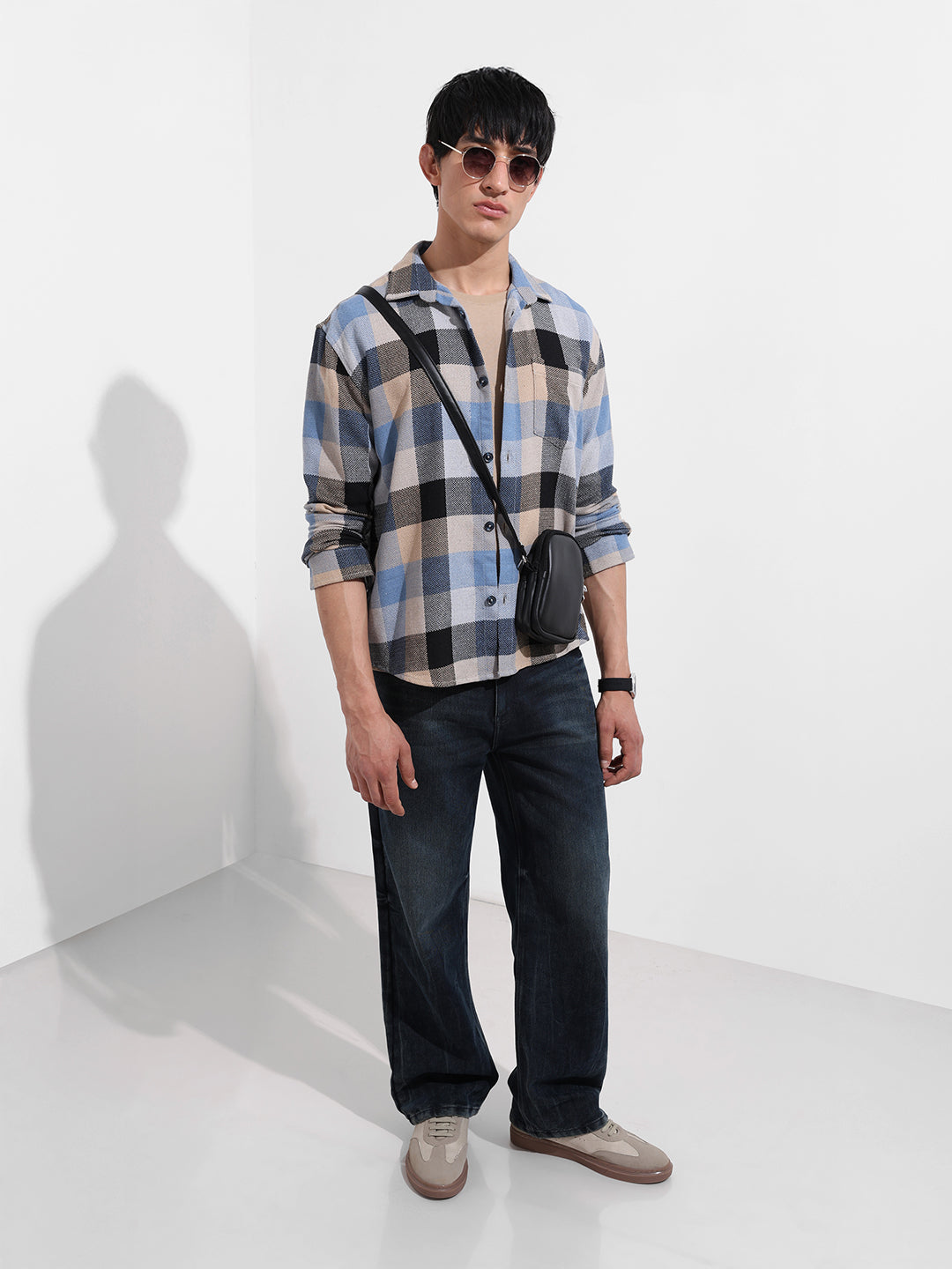 Men's Khaki Relaxed Fit Checkered Casual Shirt