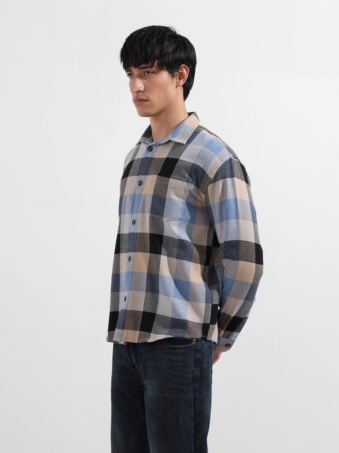 Men's Khaki Relaxed Fit Checkered Casual Shirt