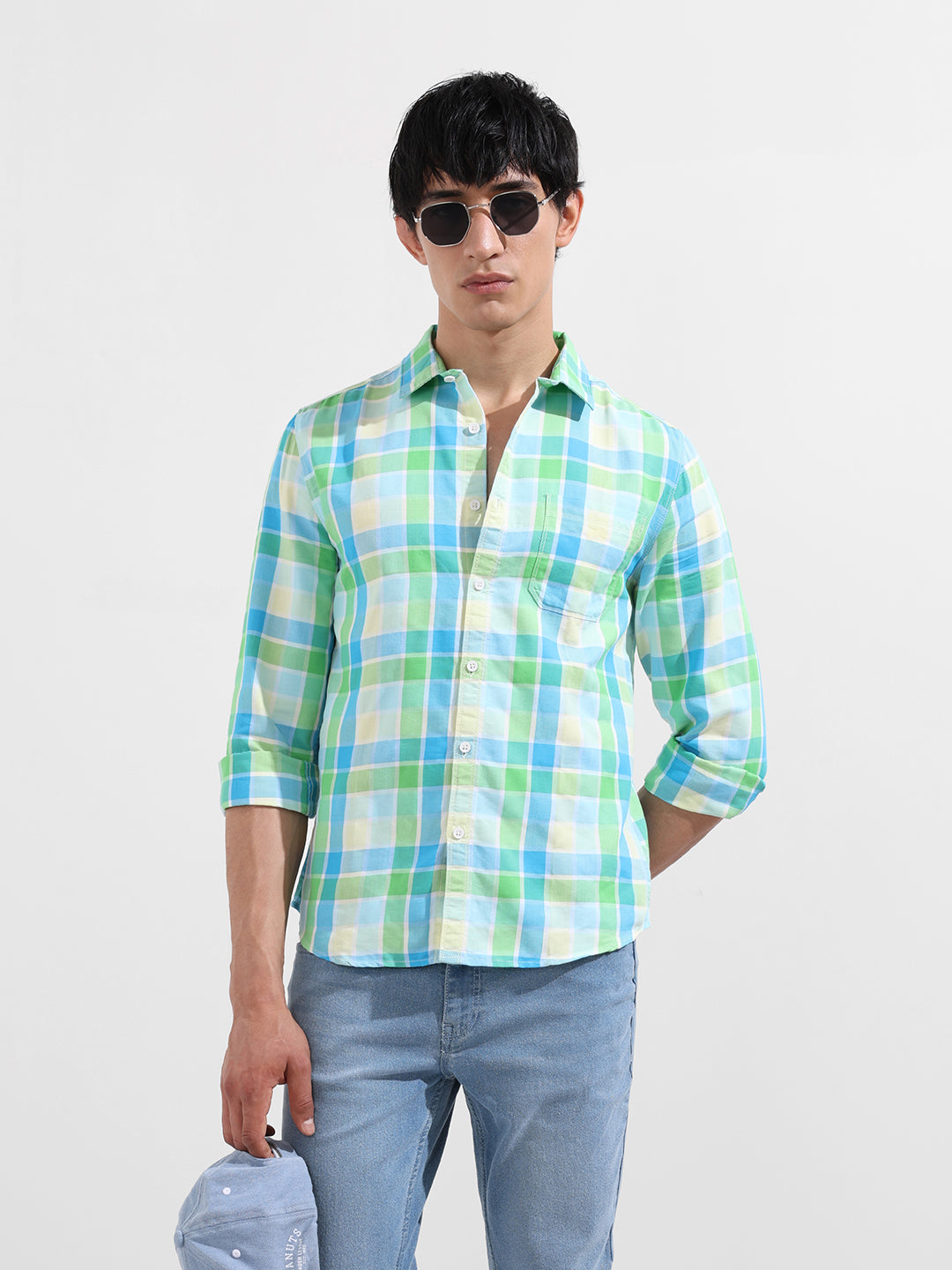 Men's Green Slim Fit Checkered Casual Shirt