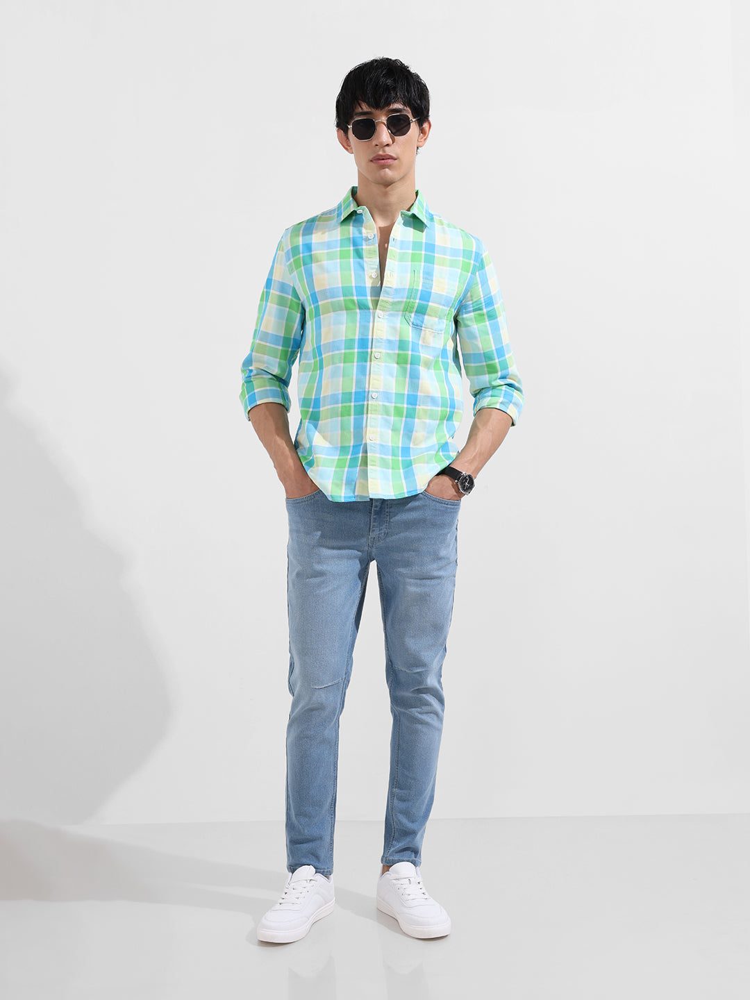 Men's Green Slim Fit Checkered Casual Shirt