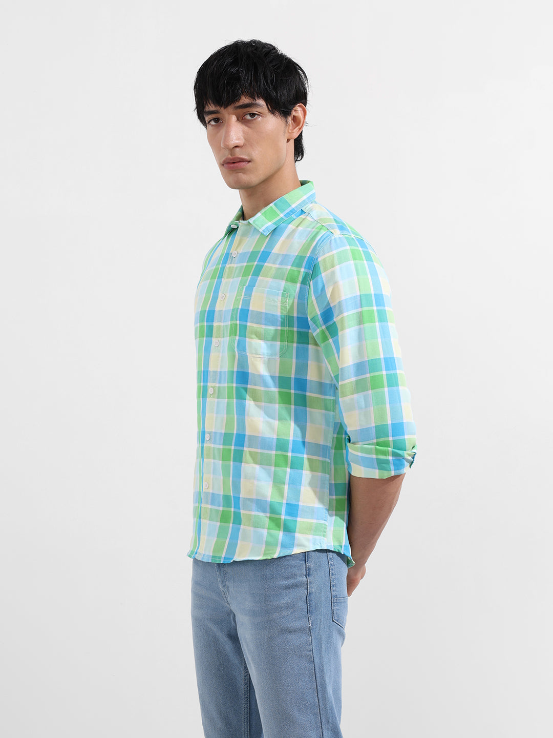 Men's Green Slim Fit Checkered Casual Shirt