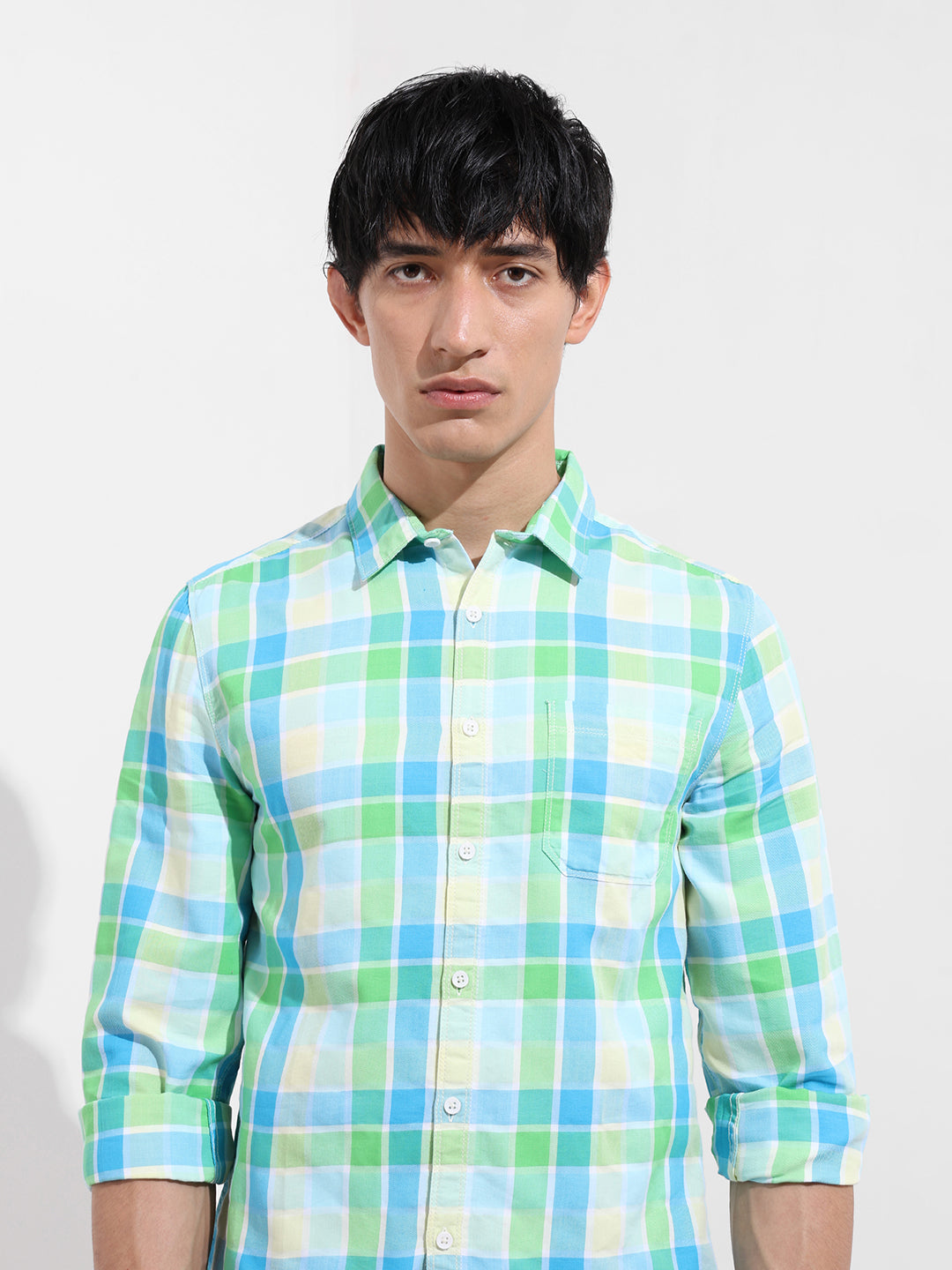 Men's Green Slim Fit Checkered Casual Shirt