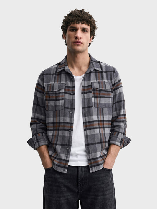 Men's Grey Regular Fit Checkered Casual Shirt