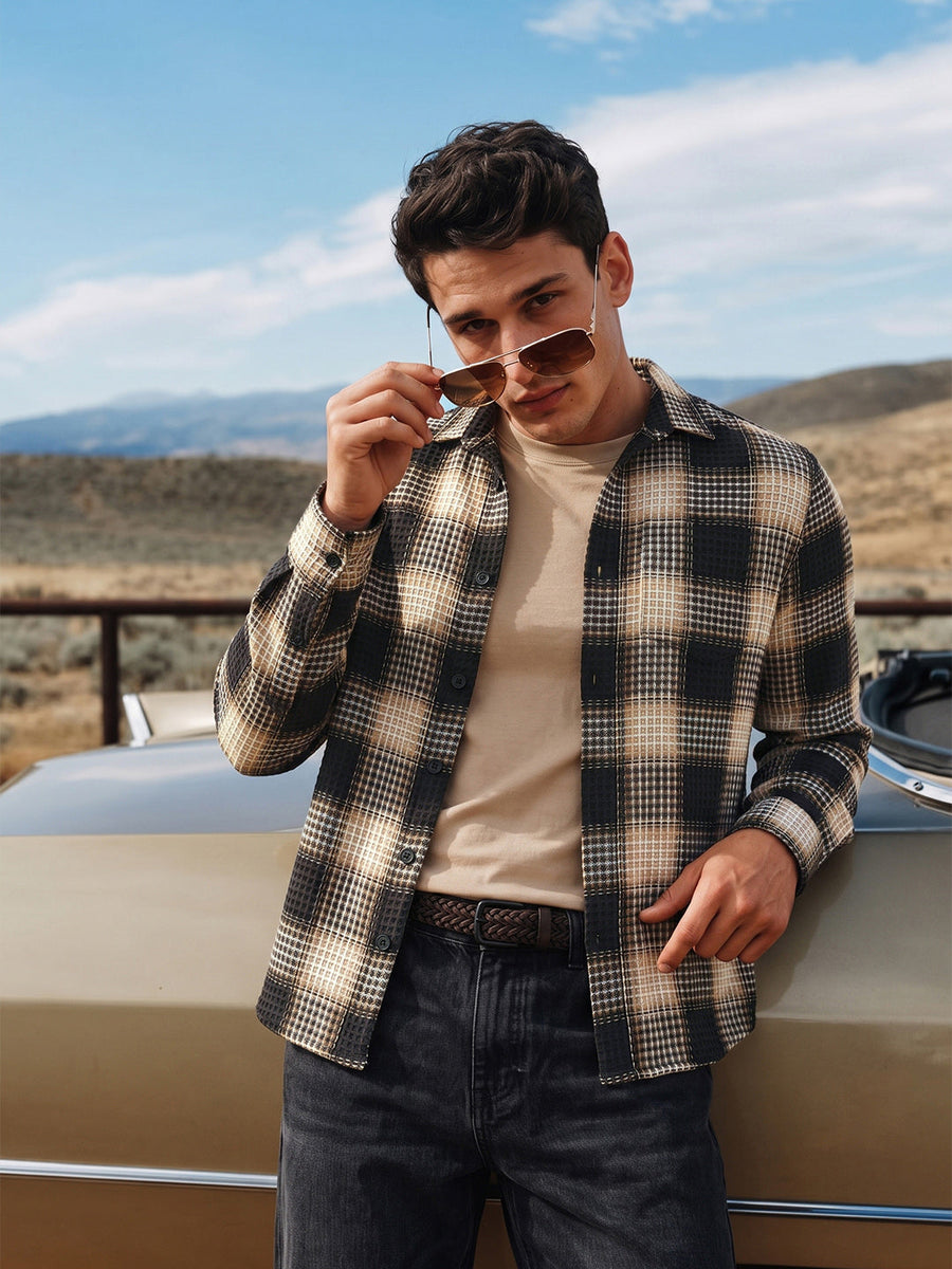 Men's Black Relaxed Fit Checkered Casual Shirt