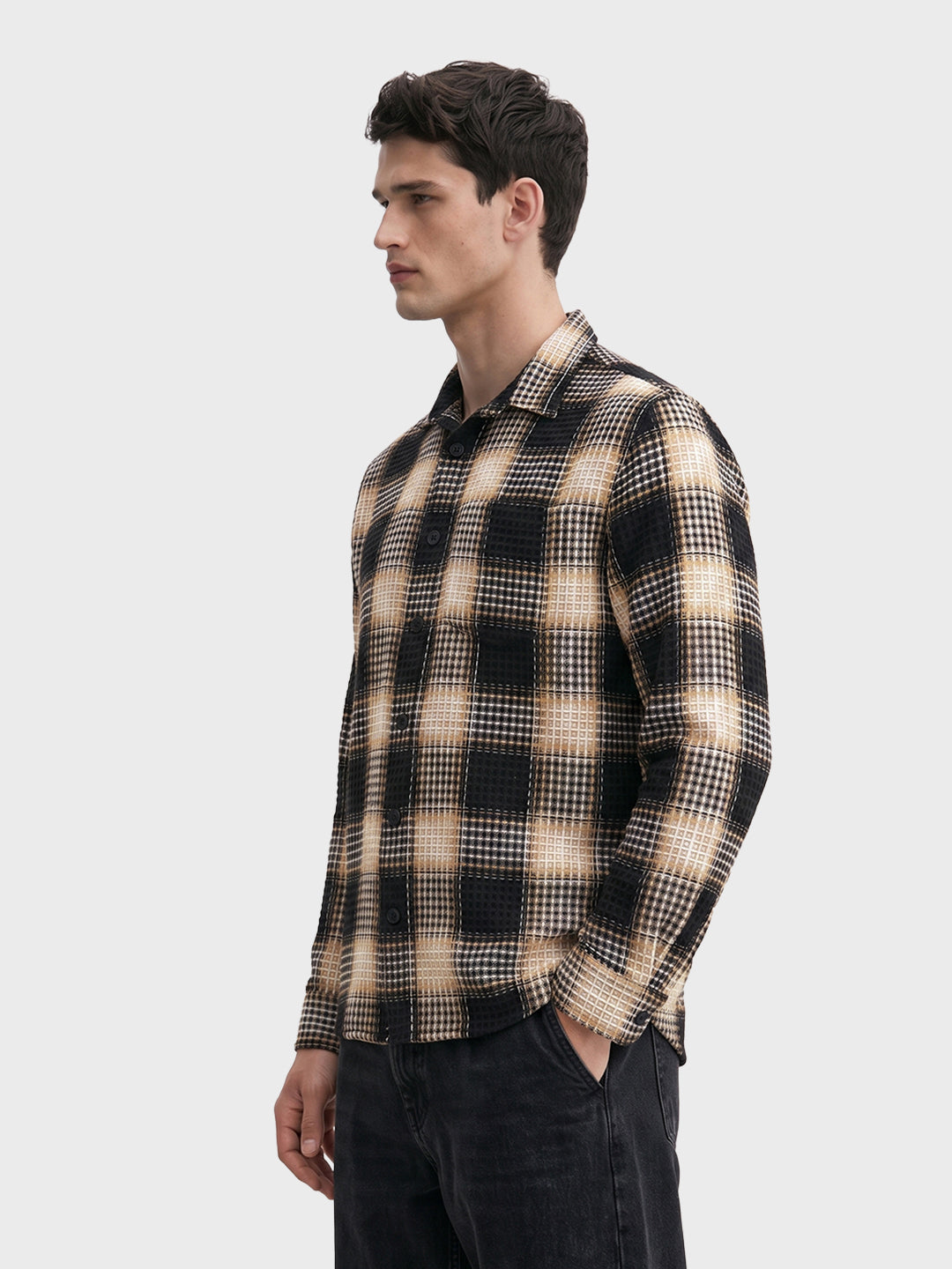Men's Black Relaxed Fit Checkered Casual Shirt