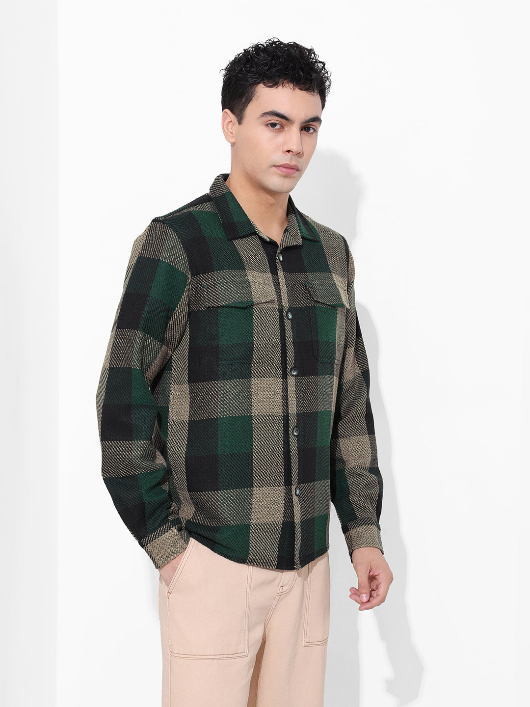Men's Green Regular Fit Checkered Casual Shirt