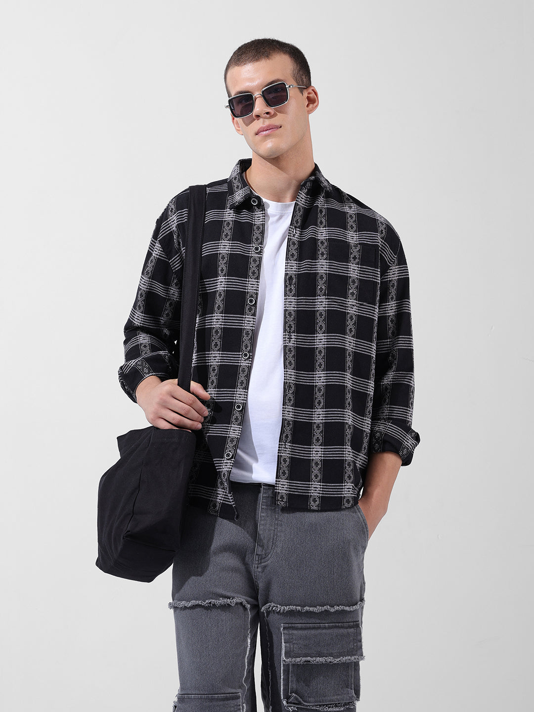 Men's Black Relaxed Fit Checkered Casual Shirt