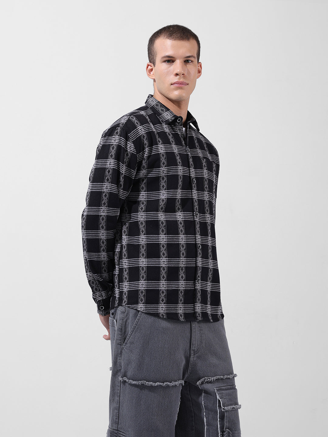 Men's Black Relaxed Fit Checkered Casual Shirt