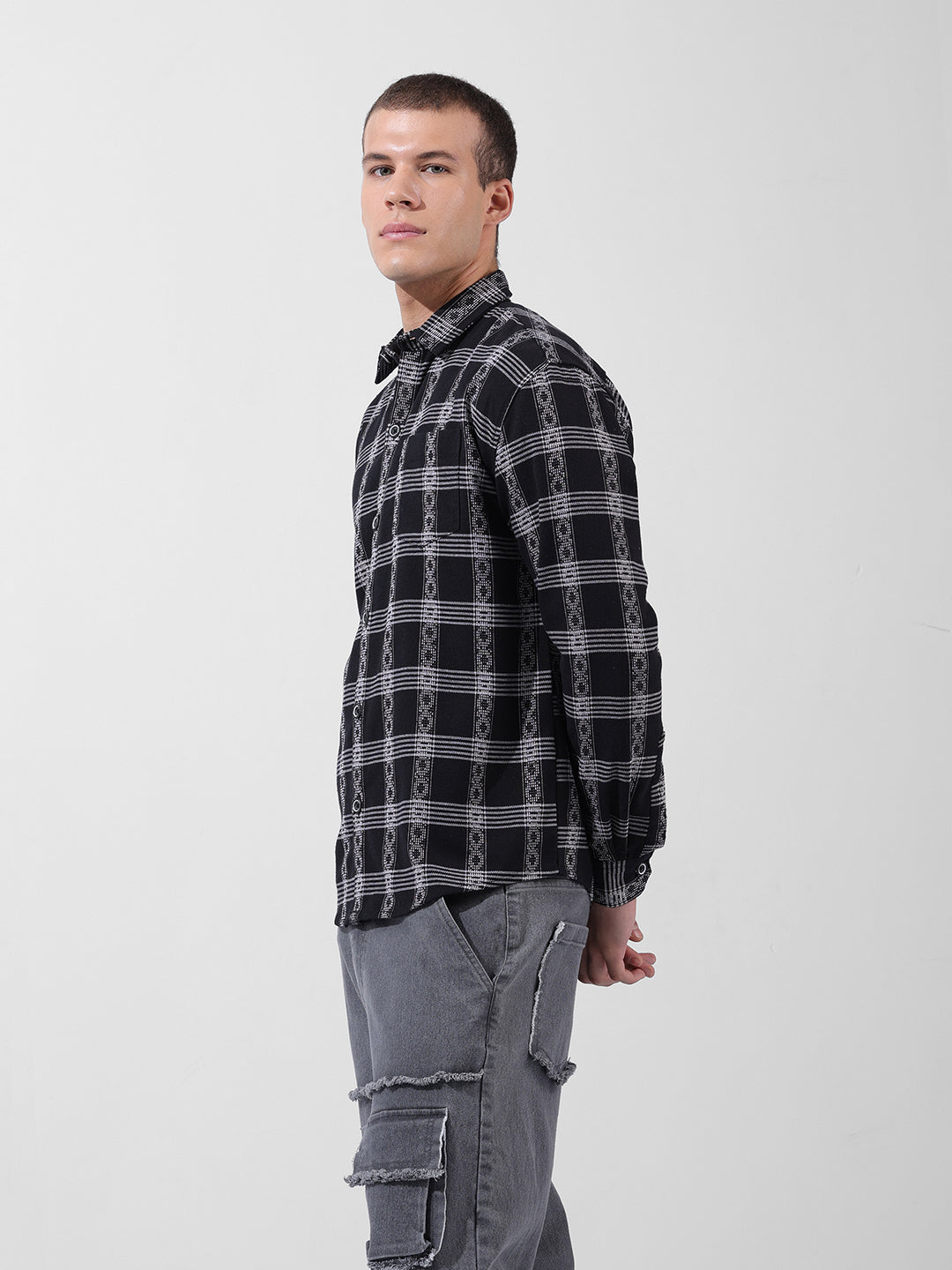 Men's Black Relaxed Fit Checkered Casual Shirt