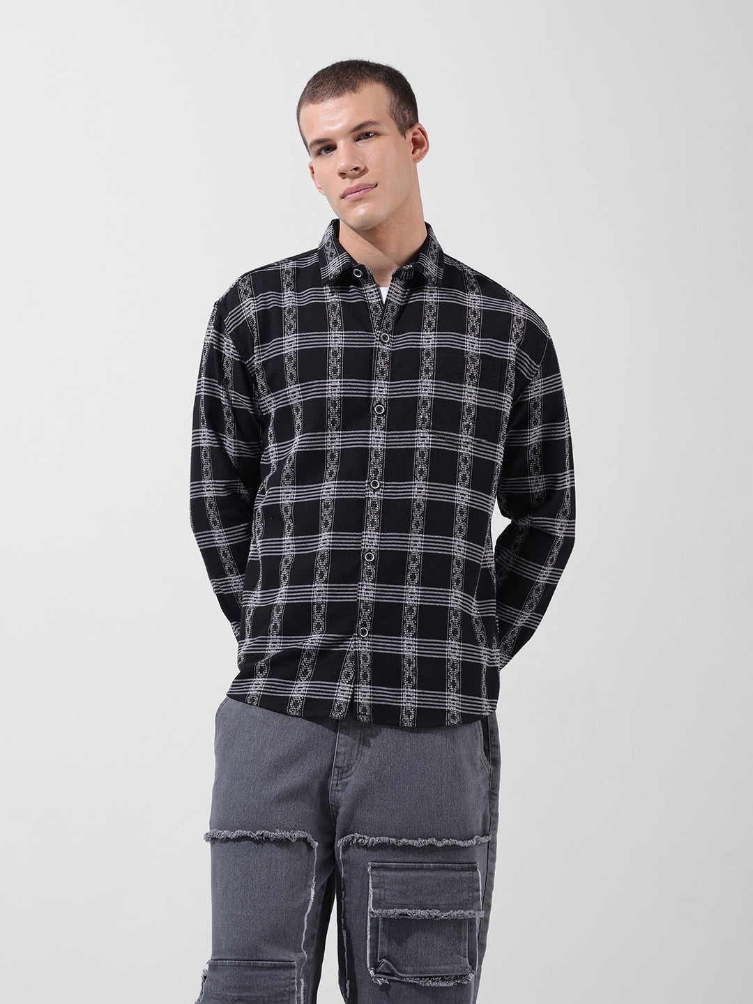Men's Black Relaxed Fit Checkered Casual Shirt