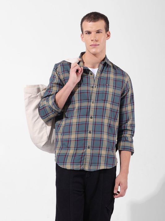 Men's Green Slim Fit Checkered Casual Shirt