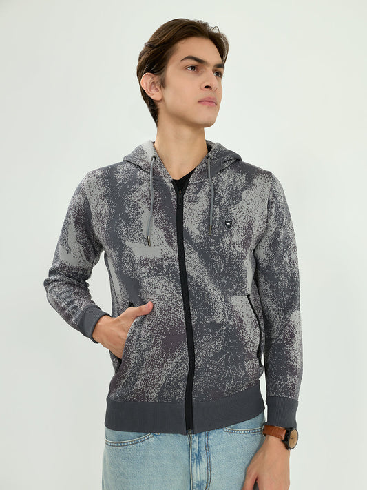Men Grey Self Design Hooded Full Sleeve Sweatshirt