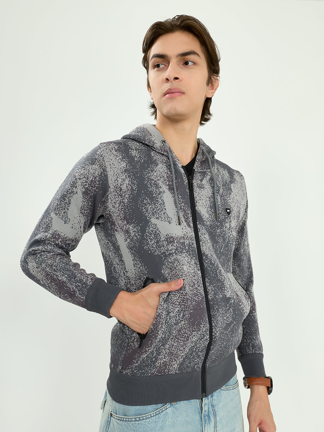 Men Grey Self Design Hooded Full Sleeve Sweatshirt