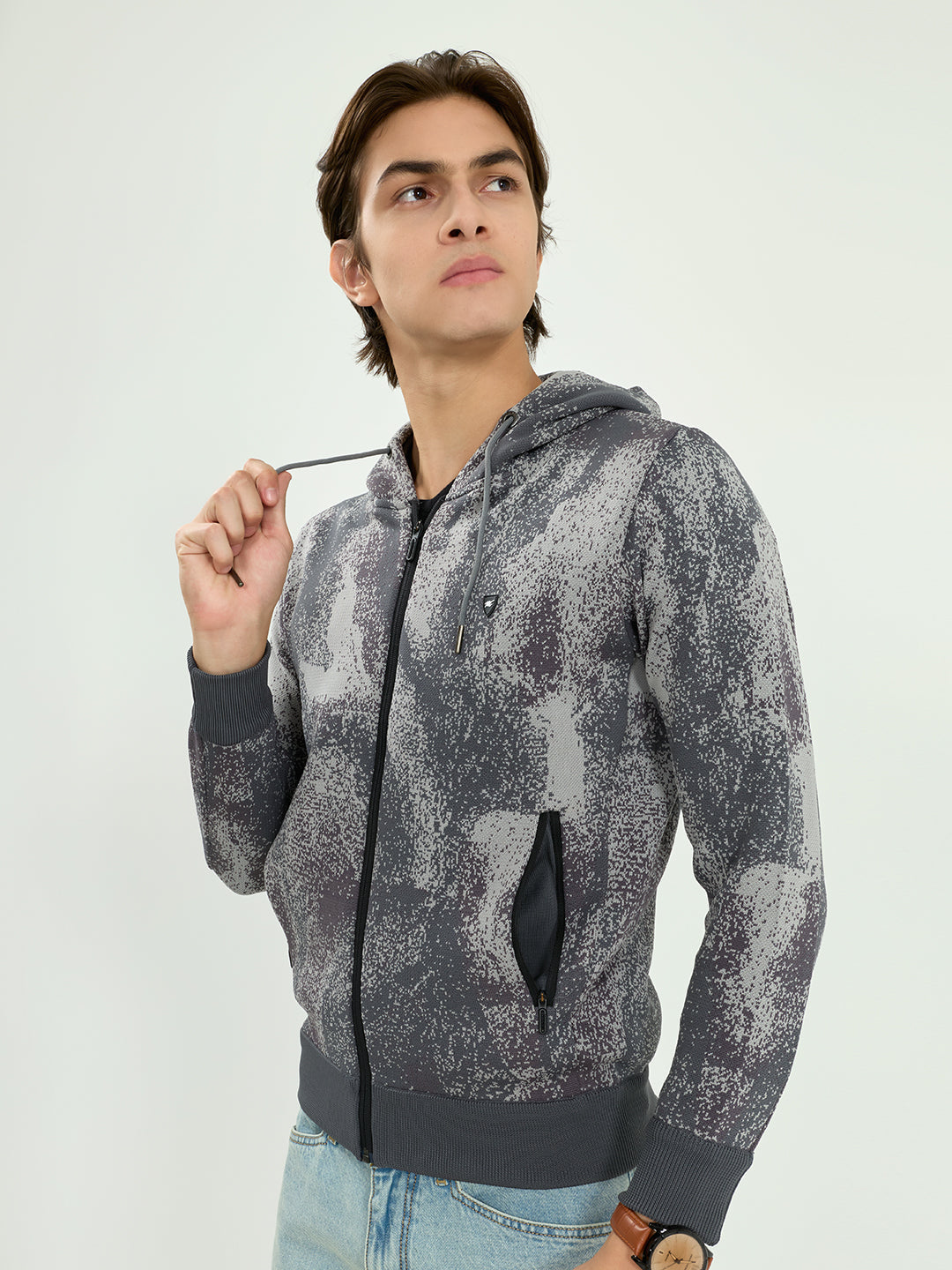 Men Grey Self Design Hooded Full Sleeve Sweatshirt