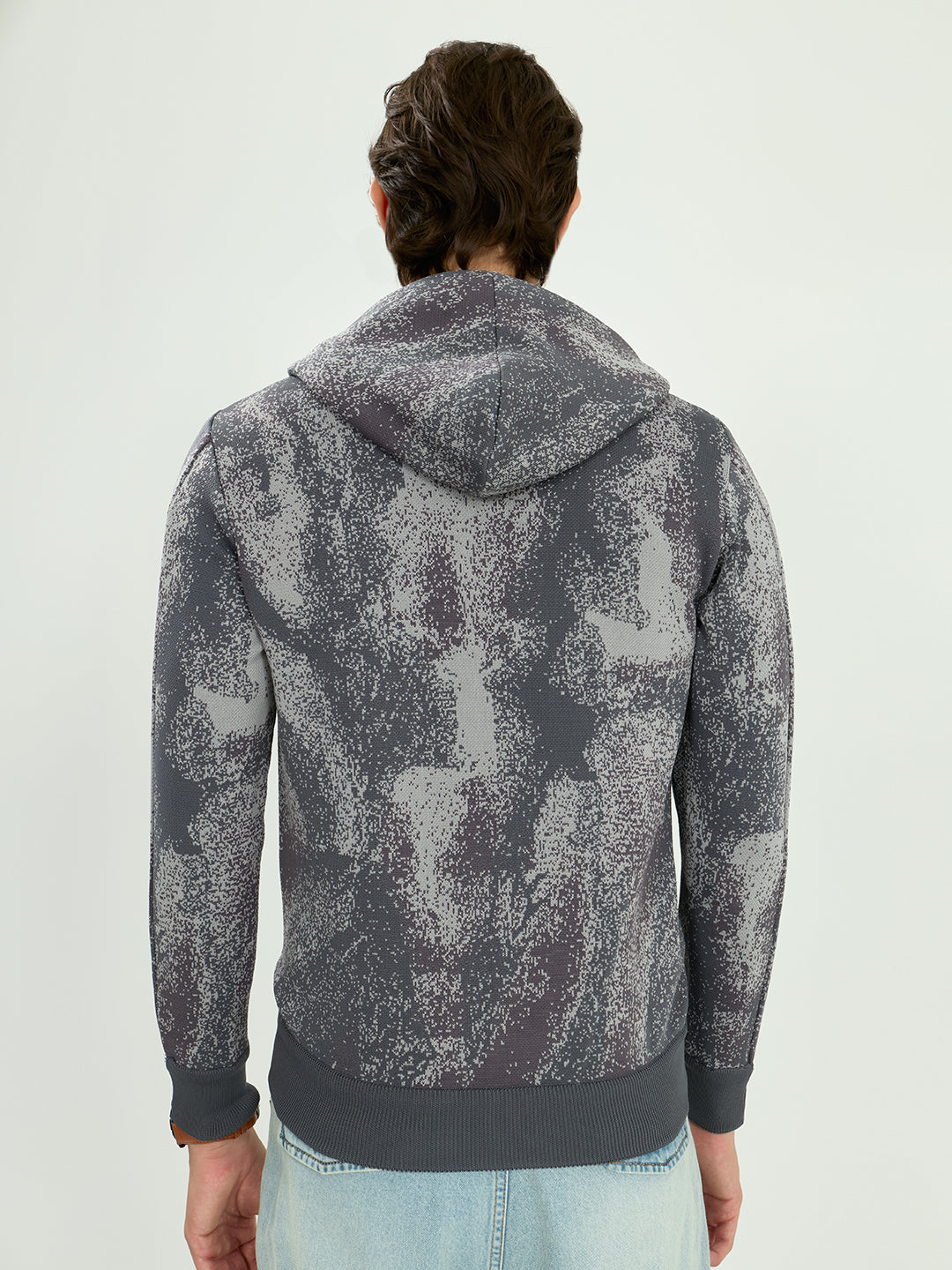 Men Grey Self Design Hooded Full Sleeve Sweatshirt