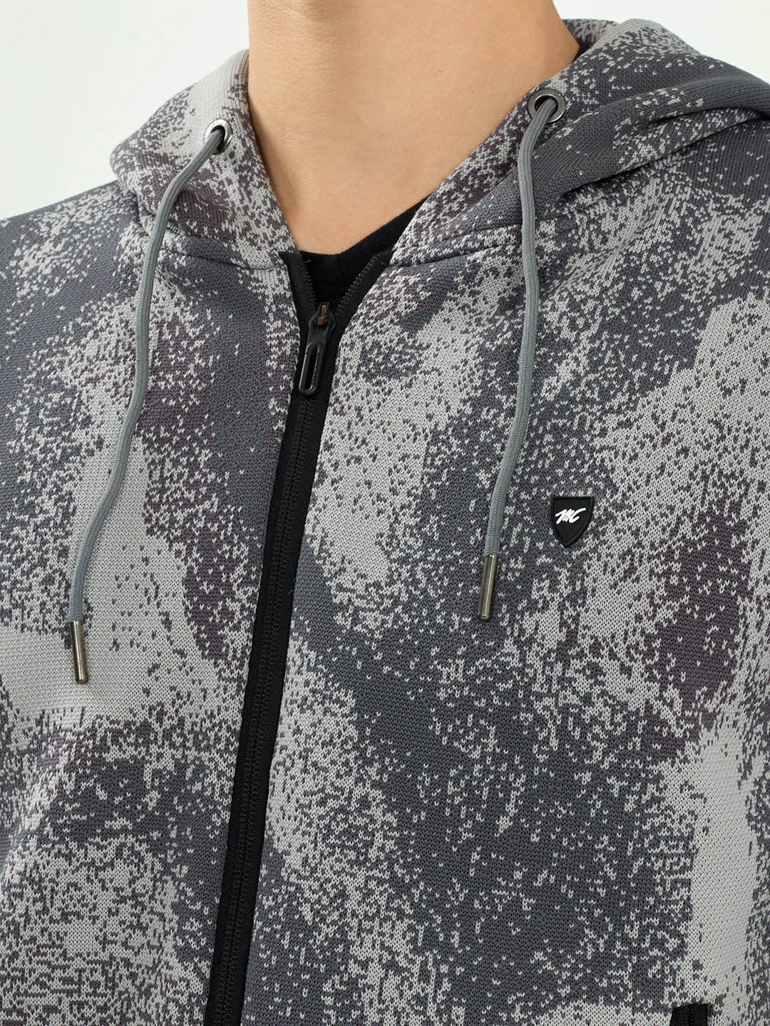Men Grey Self Design Hooded Full Sleeve Sweatshirt