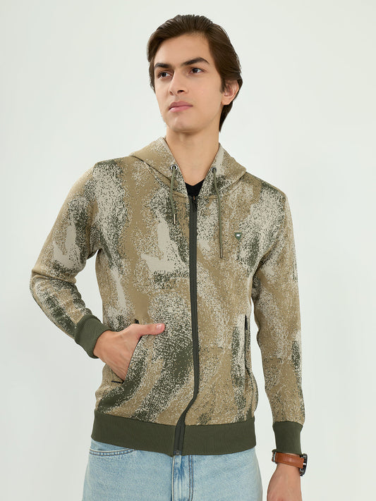 Men Green Self Design Hooded Full Sleeve Sweatshirt