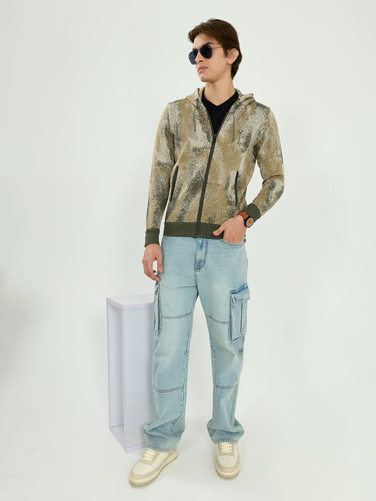 Men Green Self Design Hooded Full Sleeve Sweatshirt