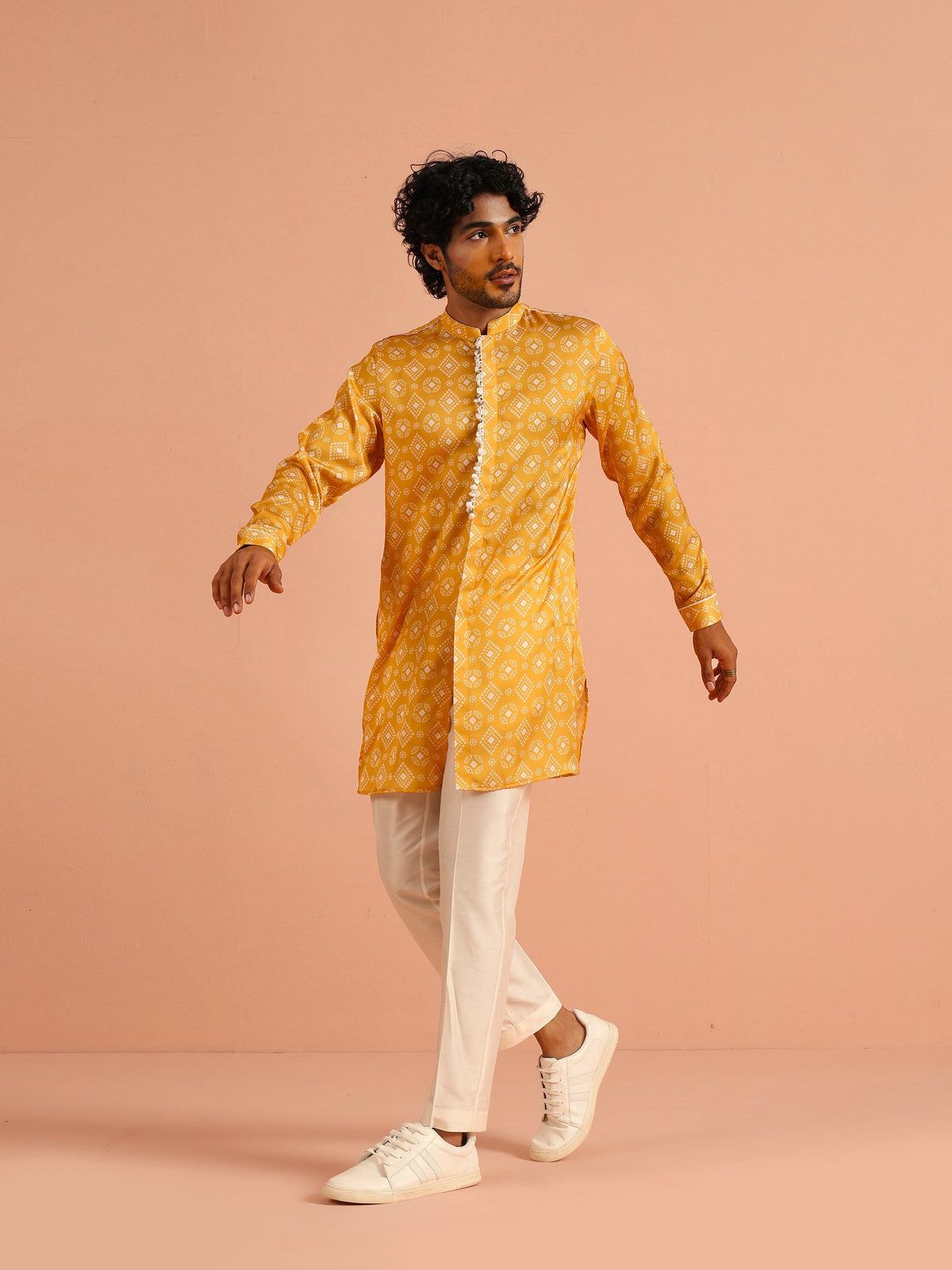 Mustard Bandhani Printed Mid Kurta