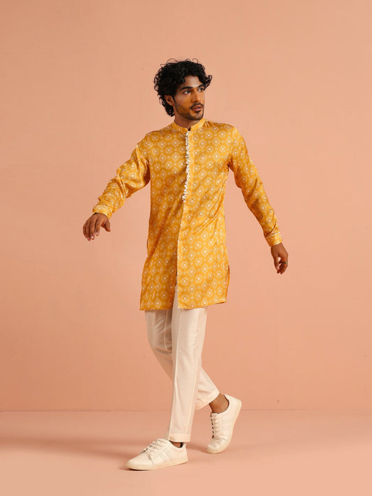 Mustard Bandhani Printed Mid Kurta