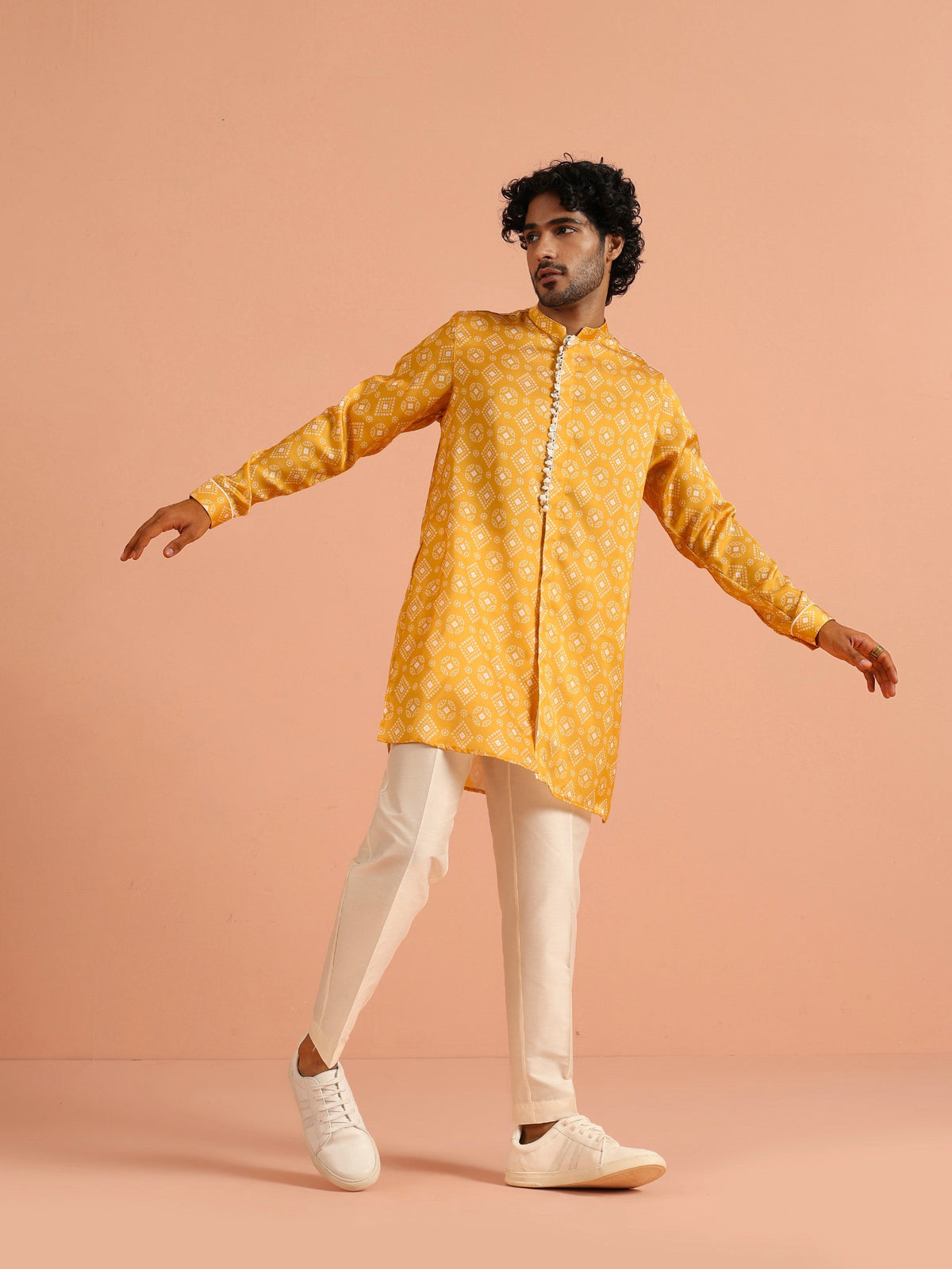 Mustard Bandhani Printed Mid Kurta