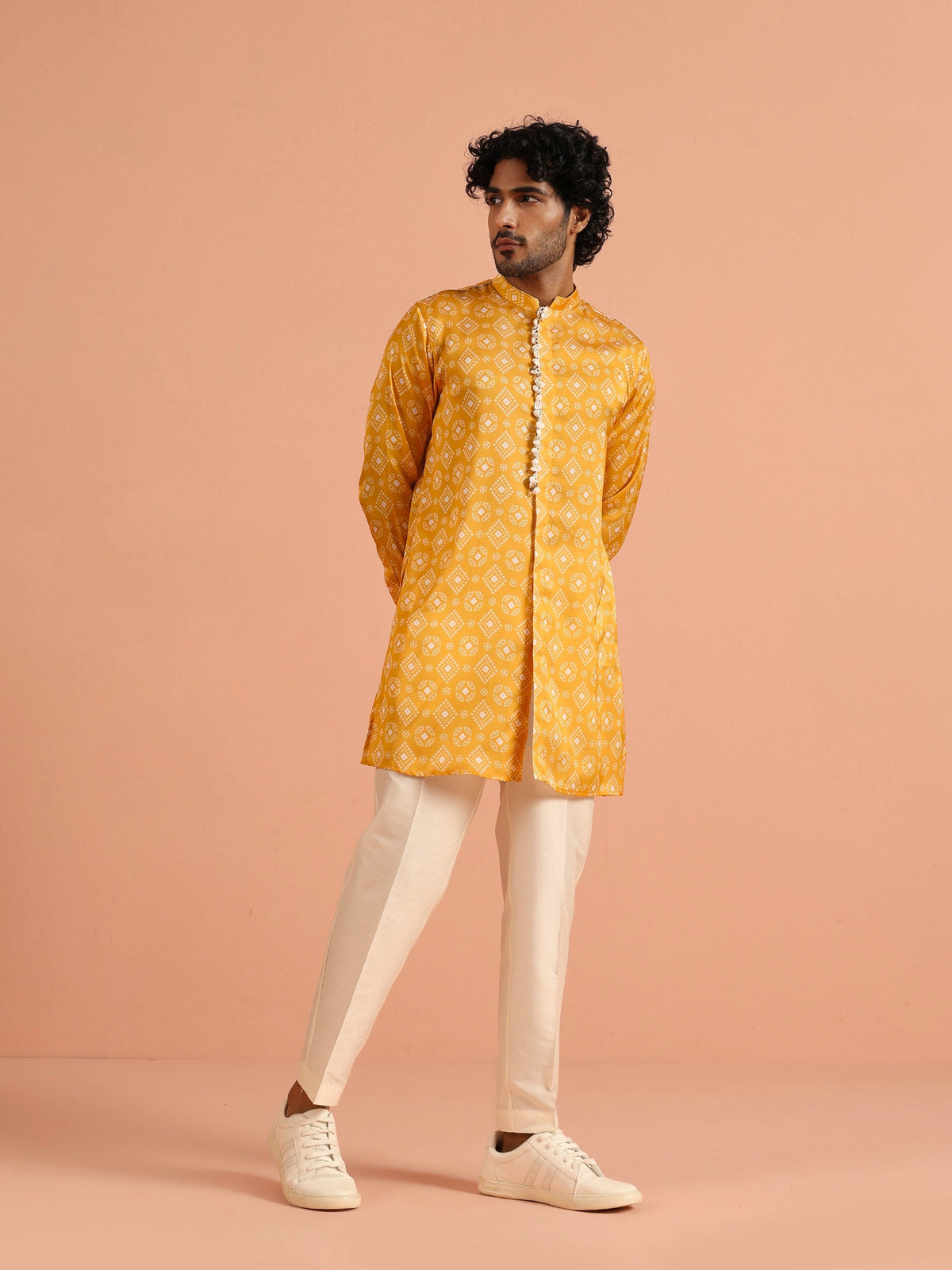 Mustard Bandhani Printed Mid Kurta
