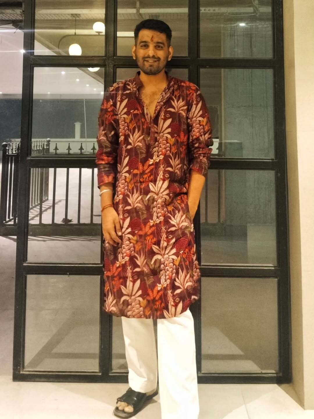Maroon Silk Blend Kurta with Multicolor Floral Prints and Mandarin Collar
