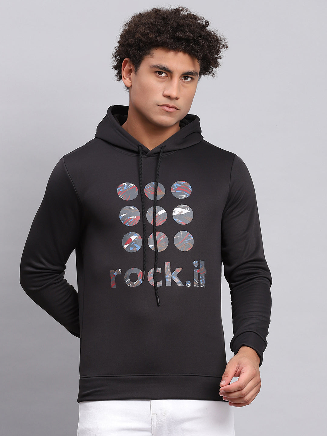 Rock.it Men Black Printed Hooded Full Sleeve Sweatshirt