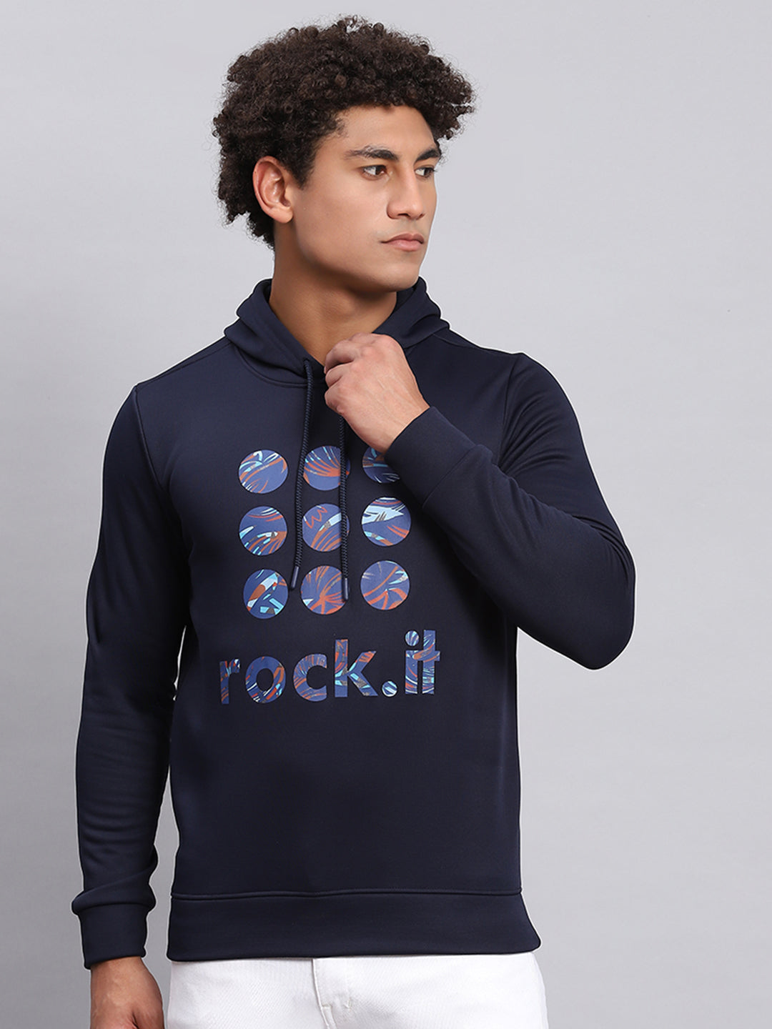 Rock.it Men Navy Blue Printed Hooded Full Sleeve Sweatshirt