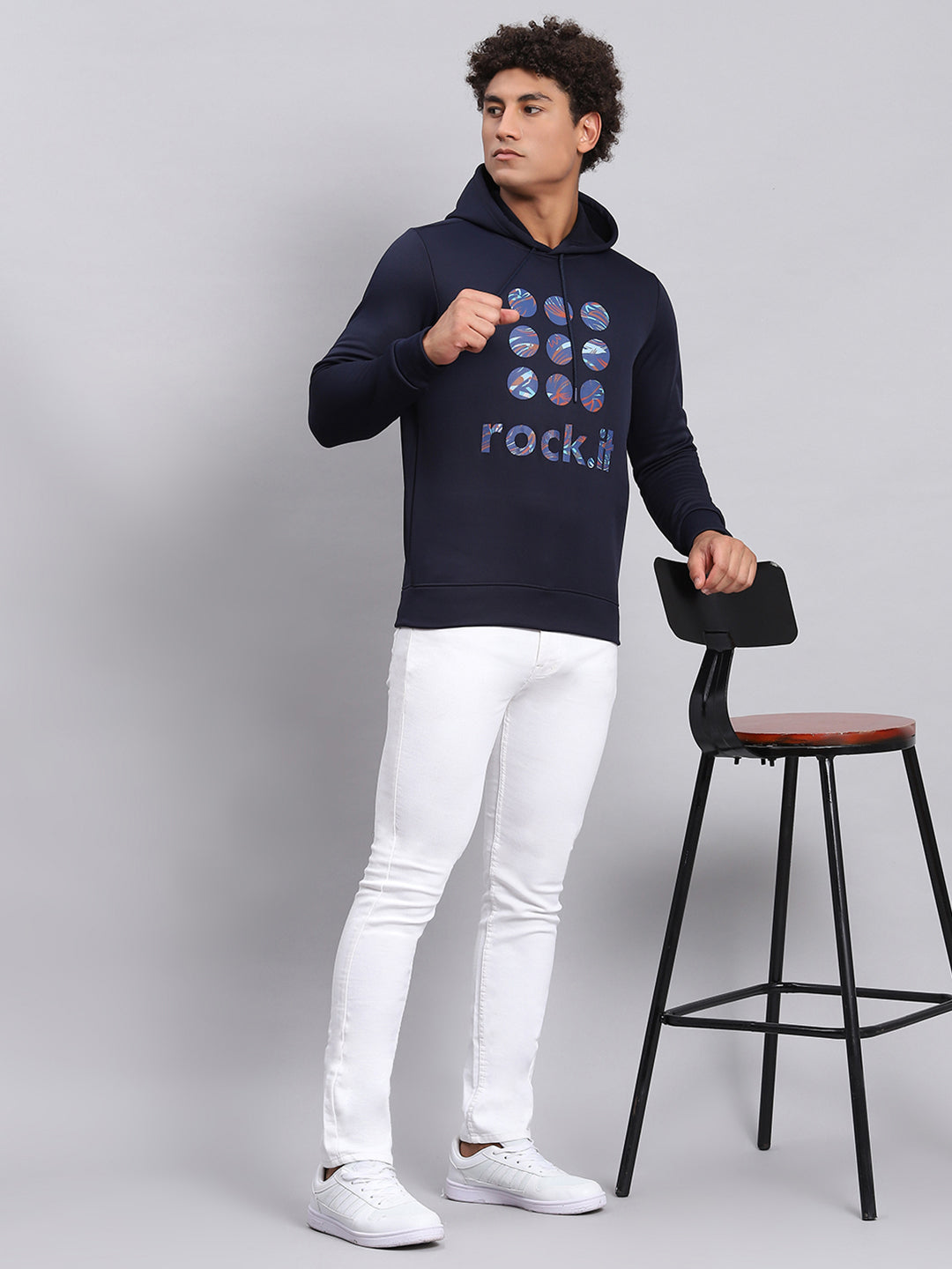 Rock.it Men Navy Blue Printed Hooded Full Sleeve Sweatshirt