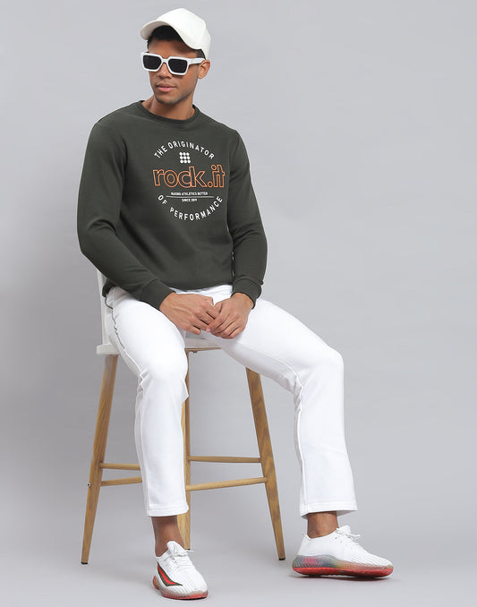 Rock.it Men Olive Solid Round Neck Full Sleeve Sweatshirt