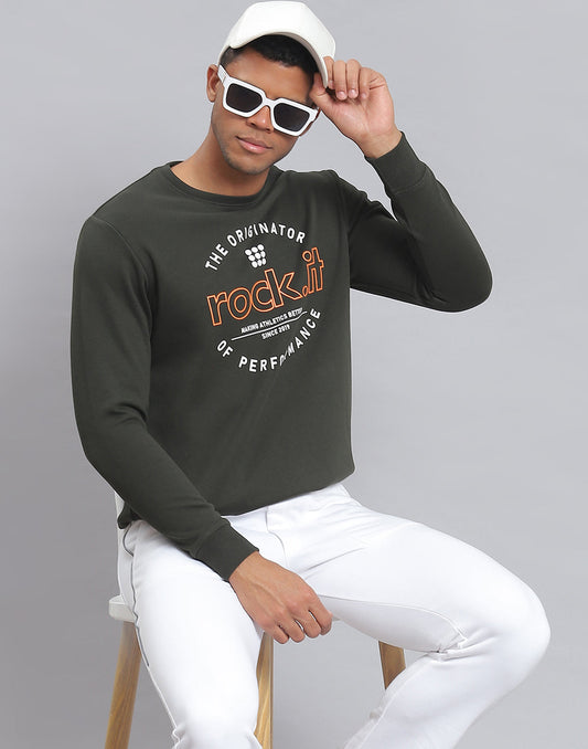 Rock.it Men Olive Solid Round Neck Full Sleeve Sweatshirt