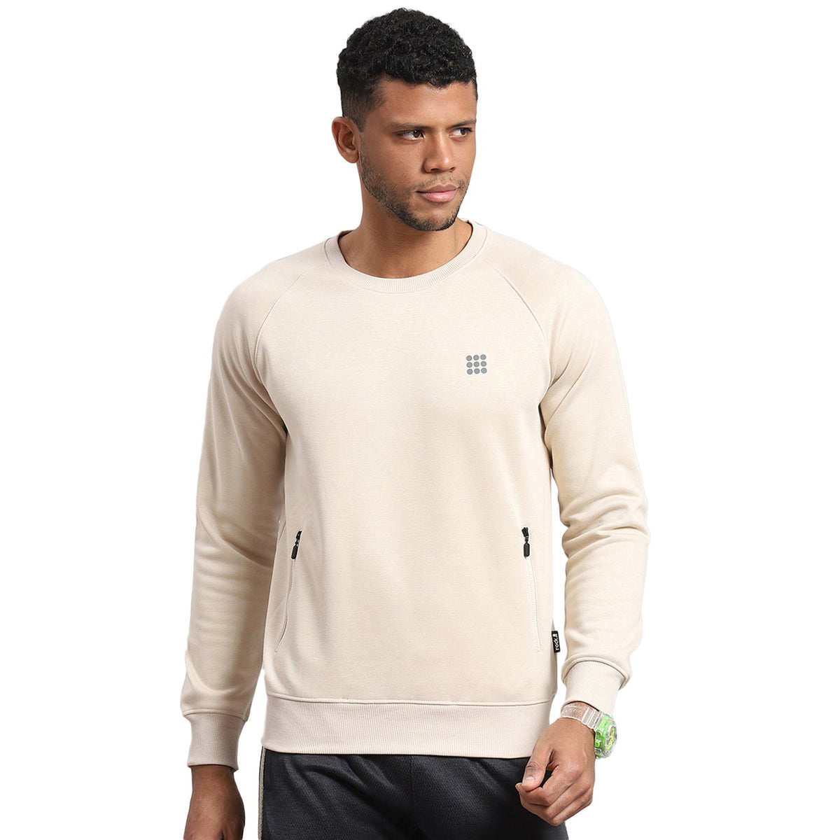 Rock.it Men Cream Solid Round Neck Full Sleeve Sweatshirt
