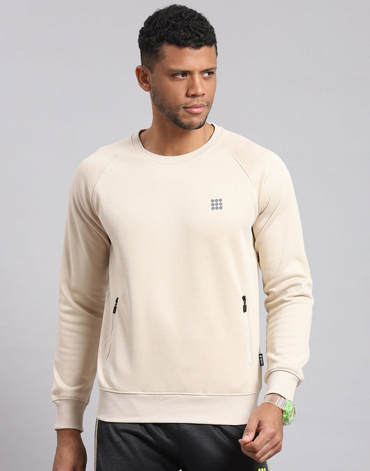 Rock.it Men Cream Solid Round Neck Full Sleeve Sweatshirt